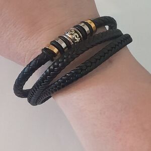 605 Black Braided Leather Silver‎ Gold Beaded Cuff Bracelet with Magnetic Clasp